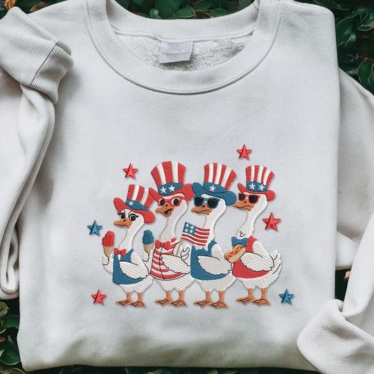 Patriotic Goose Embroidered Sweatshirt, 4th Of July Embroidered Shirt, Retro Patriotic Animal Embroidered T-shirt, Hoodie, Independence Day