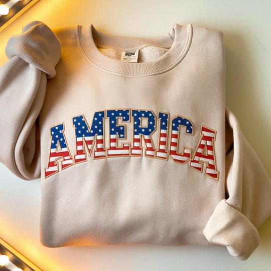 Embroidered Retro America Sweatshirt, 4th of July & Memorial Day Shirt, Patriotic USA Shirt