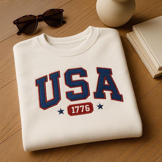 USA Embroidered Sweatshirt, 4th of July Patriotic Crewneck, America Sweatshirt est 1776, Flag Shirt