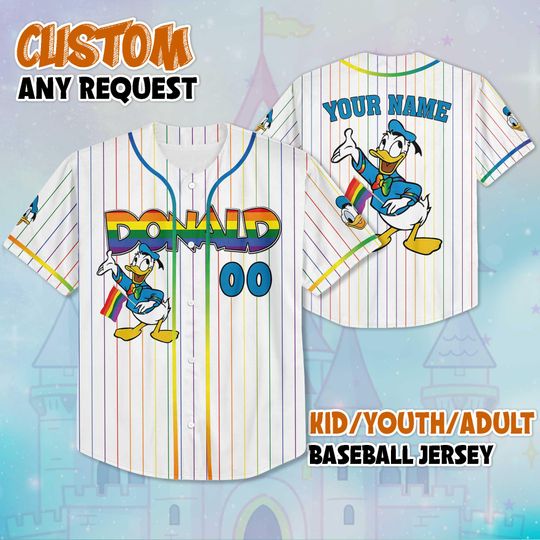 Custom Donald Duck LGBT Baseball Jersey, Disney Pride Month Jersey Shirt, Disneyland Baseball Team Outfit, Disney Rainbow Gift