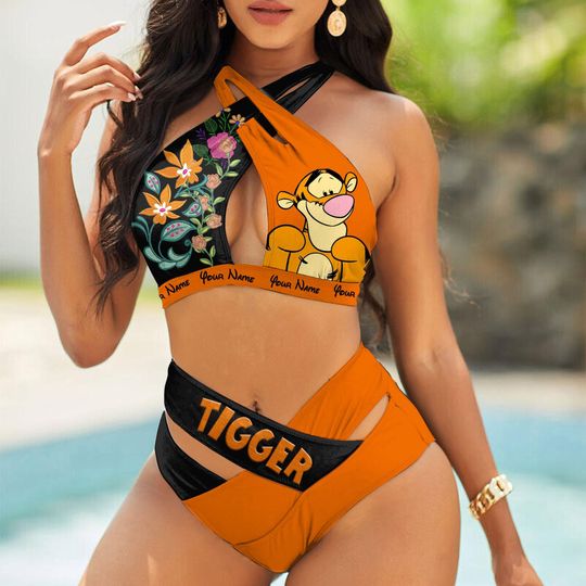 Custom Tigger Flowers Crisscross Swimsuit, Disney Swimsuit, Winnie The Pooh Bikini Top, Cartoon Beach Wear, Two Piece Set, Gift For Her