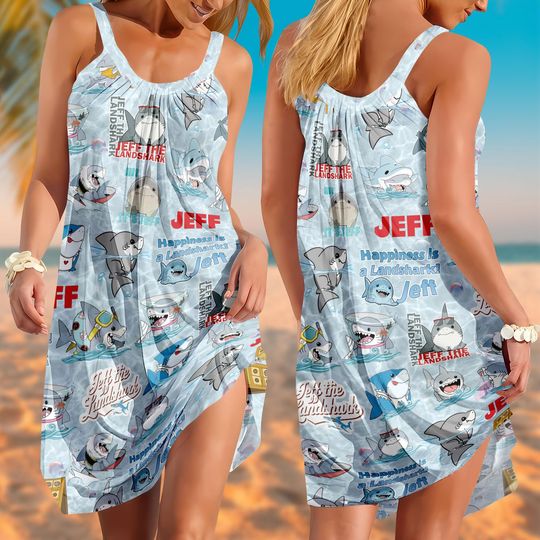 Jeff The Landshark Sling Summer Dress, Cute Shark Beach Dress, Funny Ocean Vacation Outfit, Dress Gift For Him