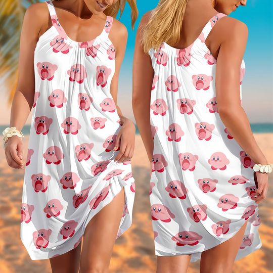Cute Kirby Cartoon Summer Dress, Pink Video Game Character Sundress, Gamer Girl Beach Dress, Vacation Outfit For Women