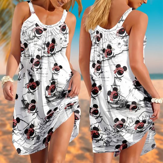 Pirate Minnie Mouse Sling Summer Dress, Disney Cruise Inspired Sundress, Adventure Map Print Dress, Nautical Vacation Outfit For Women