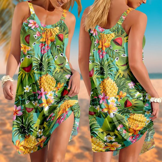 Kermit Tropical Sling Summer Dress, Cartoon Pineapple Dress, Floral Sundress, Vacation Beach Dress, Sling Women Dress