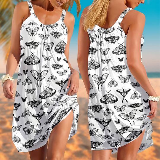 Butterfly Sling Women Summer Shirt, Black White Summer Dress, Elegant Beachwear