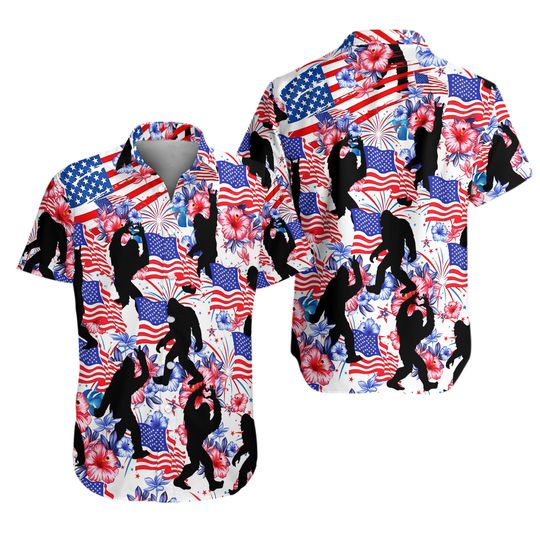 Discover Bigfoot American Flag Hawaiian Shirt For Men Women Youth, Funny Bigfoot Patriotic Button-Down, 4th of July Shirt Short Sleeve