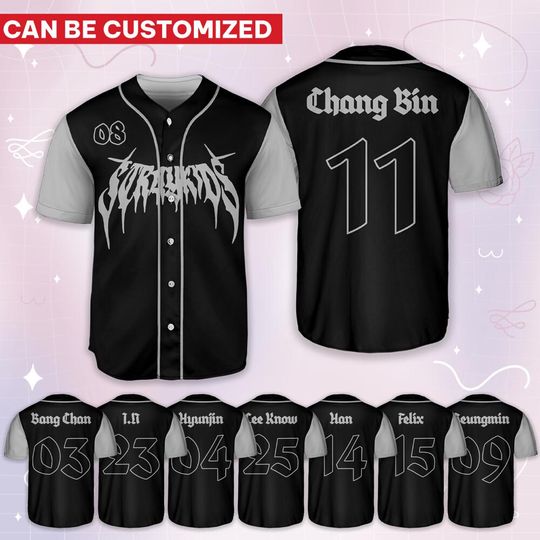Skz Black Grey Kpop Baseball Jersey, SKZ Merch, Skz Shirt, Gift For Fan, Lee Know, Changbin, IN, HyunJin