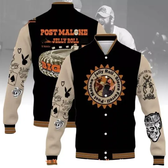 Po*st Jelly Roll Jacket, Big Ass World Tour Baseball Jacket, Posty 2025 Tour