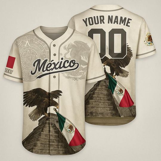Custom Mexico Baseball Jersey - 3D Eagle & Pyramid Shirt - Mexican Flag Heritage Gift for Men