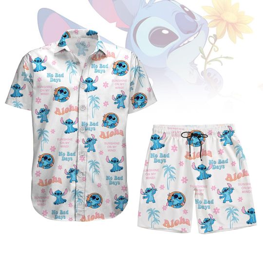 Stitch Aloha Button Shirt and Beach Shorts, Lilo and Stitch Hawaiian Shirt, Tropical Hawaiian Vacation Shirt, Funny Stitch Summer Shirt