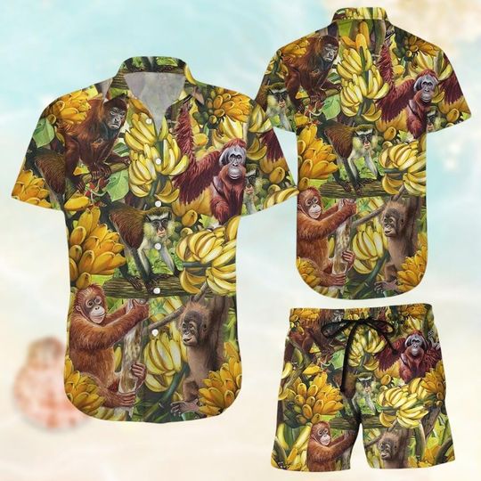 Monkey Banana Button Shirt, Monkey Shorts Men, Bigfoot Hawaiian Shirt, Tropical Pattern Aloha Shirt Men Women, Animal Beach Shirt