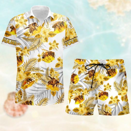 Custom Bee And Flowers Button Shirt/Shorts, Bee Hawaiian Shirt, Beekeeper Beach Shirt, Summer Shorts Men, Honey Bee Love Aloha Shirt