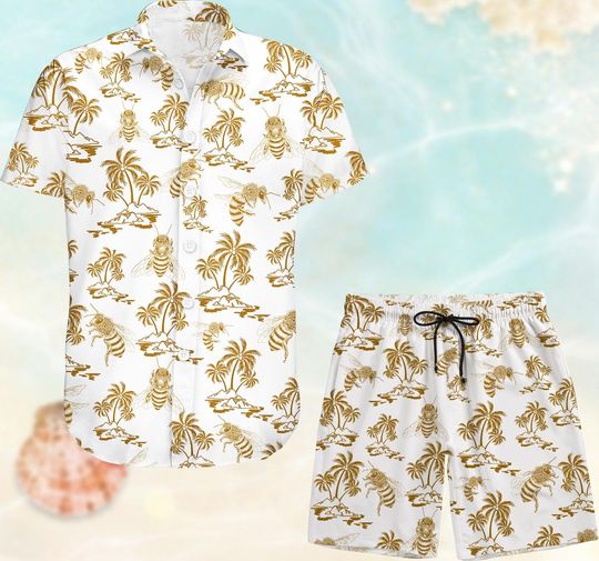 Bee Coconut Hawaiian Shirt/Shorts, Bee Button Up Shirt, Beach Shorts Men, Honey Bee Vacation Shirt Women, Summer Pants, Bee Love Gift