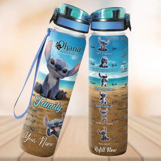 Personalized Stitch Water Tracker Bottle 32oz, Ohana Means Family Water Bottle, Disney Summer Hydration Gift for Her/Him