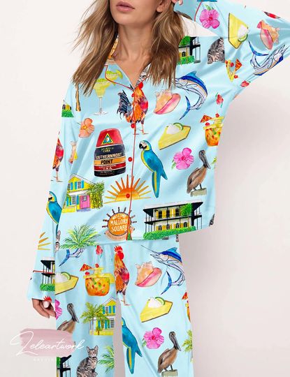 Key West Florida Travel Pajama Set For Women | Tropical Pink Vacation PJs | Southernmost Point Sleepwear | Lightweight Summer