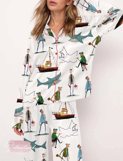 Jaws Pajama Set For Women | Funny Shark & Boat Print Sleepwear | Lightweight Summer PJs | Movie-Inspired Gift | Ocean Lover