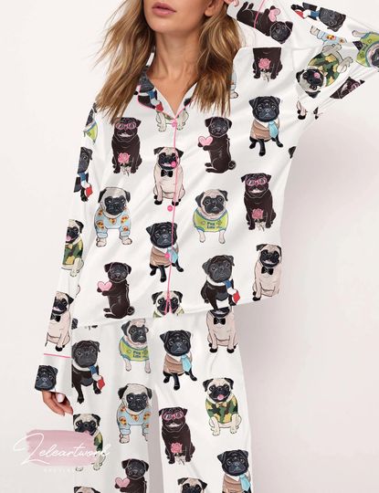 Cute Pug Silky Pajama Set For Women | Funny Dog Print Sleepwear | Lightweight Button-Up PJs | Pug Lover Gift | Soft Summer Loungewear