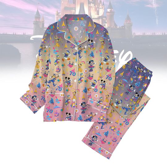 Disney 70th Anniversary Pajama Set, Cute Disneyland Long Sleeve Sleepwear, Disney Castle Nightwear, Mickey Pjs