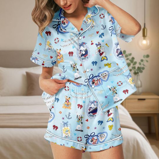 Cute Mickey And Friends Cruise Pajamas Set, Disney Cruise Shorts Pajamas, Minnie Donald Daisy Goofy Pluto Cartoon Women Pajamas