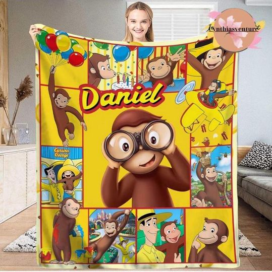 Personalized Curious George Blanket, Monkey George Custom Name Blanket, Sofa Blanket, Monkey Lover Gifts For Birthday