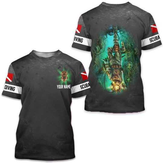 Discover Custom Scuba Diving 3D T-Shirt - Personalized Diving Apparel with Vintage Deep Sea Diver Design - Perfect Gift for Ocean Explorers