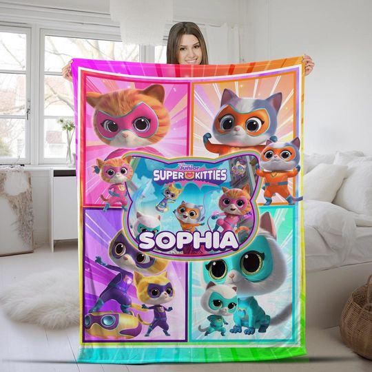 Personalized Super Kitties Blanket, Super Kittie Buddy Bitsy Ginny Sparks Hero Blanket, Disneyland Kitties, Gift For Birthday Girl