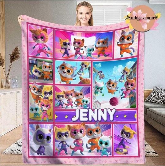 Personalized Super Kitties Blanket, Super Kittie Buddy Bitsy Ginny Sparks Hero Blanket, Super Cat, Gift For Birthday