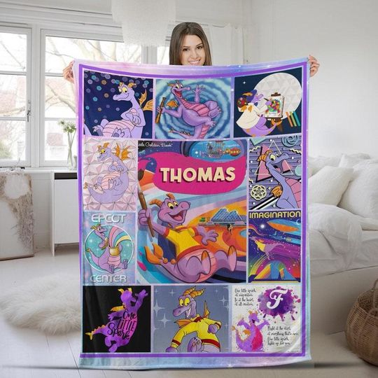 Personalized Figment One Little Spark Epcot Park Blanket, Custom Name Purple Dragon Blanket, Gift For Kids