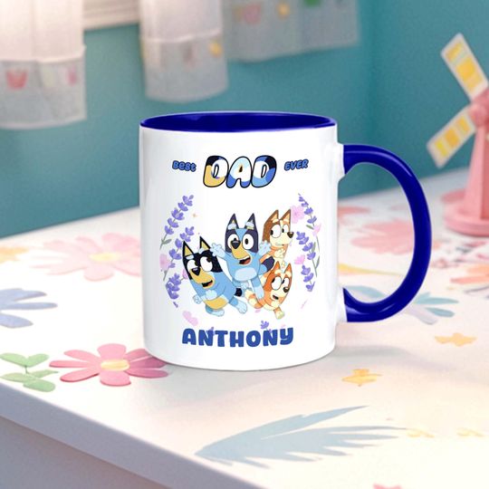 Personalized BlueyDad Dad Ceramic Mug,Custom Name Mug,Best Dad Ever Pattern Mug,BlueyDad Lovers Coffee Mug,11OZ,Father's Day Gifts for Dad