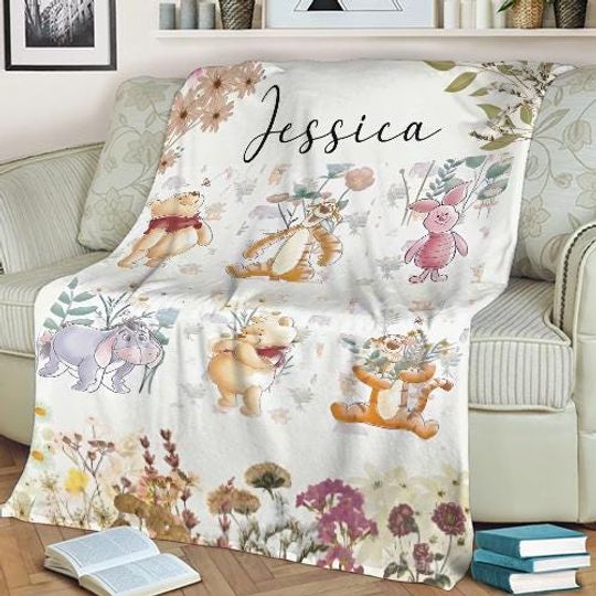 Personalized Winnie The Pooh Blanket, Custom Name Pooh Honey Blanket, Pooh Birthday Blanket Gift, Family Party Blanket, Bedding Decor