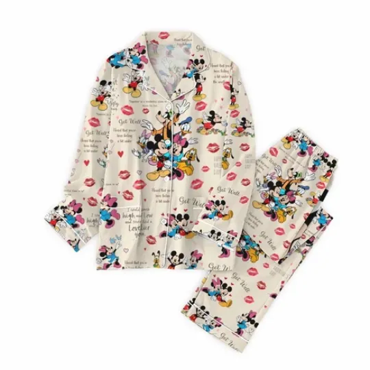 gold Mickey Love Minnie Pajamas Set, Luxury Silk Pajamas Soft Sleepwear