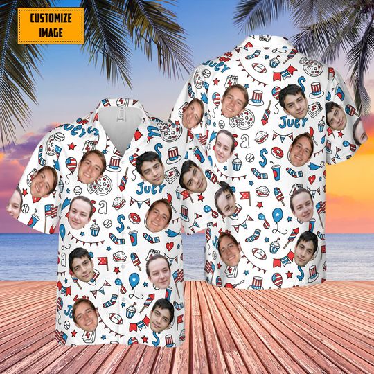 Personalized 4th Of July Hawaiian Shirt Custom Face For Dad Grandpa Pet Face Summer Shirt Summer Patriotic Shirt Gift Father's Day Gift