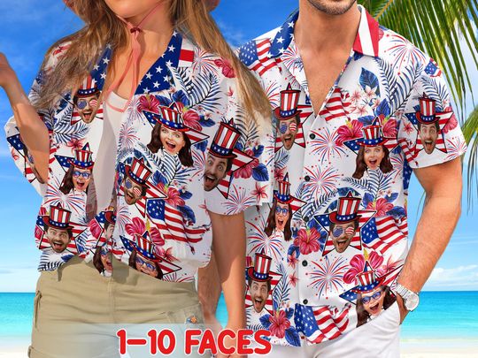 Custom Hawaiian Shirt with Your Face, Personalized American Flag Design for 4th of July, Men's and Women's Options