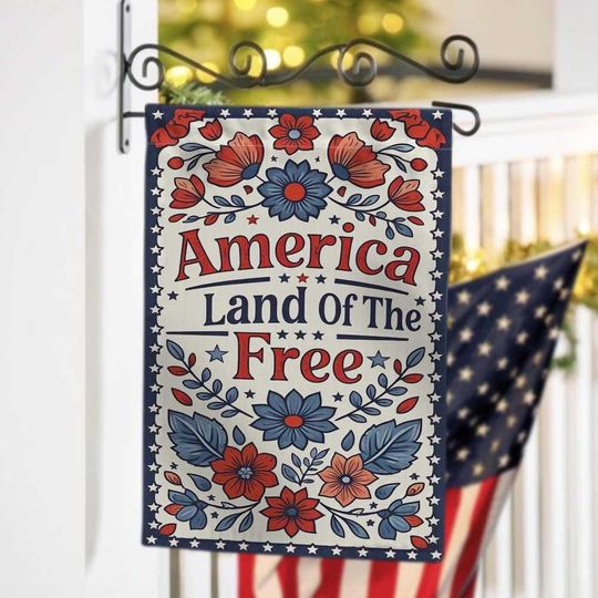America Land of the Free Garden Flag - 4th of July Outdoor Decor, Red White Blue Floral Design