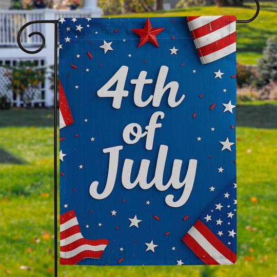 Festive 4th of July Garden Flag with Red, White, and Blue Stars and Confetti for Patriotic Outdoor Decor