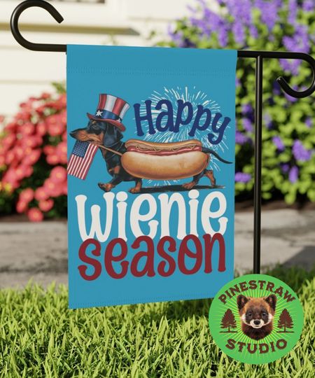 Happy Wienie Season Garden Flag - Dachshund Independence Day Banner, Fourth of July Decor