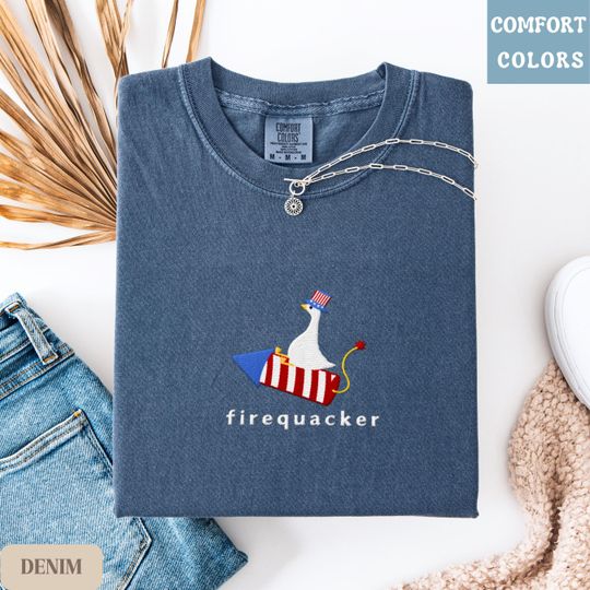Firequacker Embroidered Duck Shirt, Funny 4th of July Tee, Patriotic USA BBQ Shirt for Men and Women
