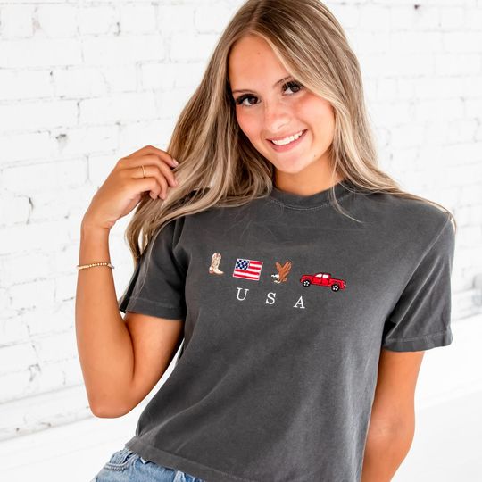 Embroidered USA Icons Tee | Cute Patriotic T-Shirt | Americana, Cowboy, Country, Western | 4th of July
