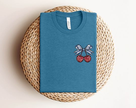 Embroidered Cherry USA Flag T-Shirt, Patriotic Independence Day Shirt, 4th of July Freedom Shirt, Memorial Day Shirt