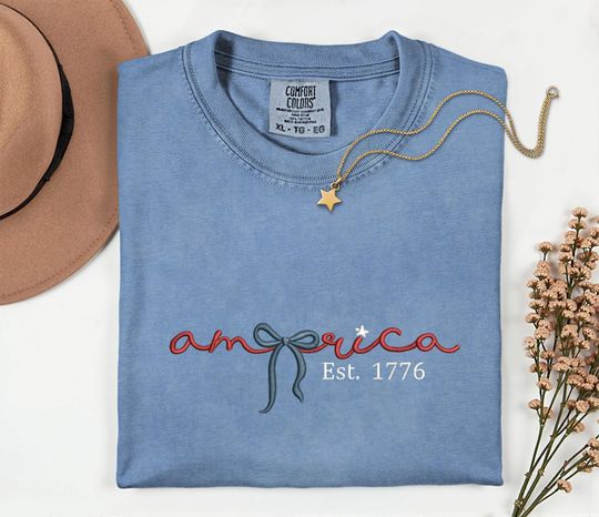 America Independence Day Embroidered T-Shirt 4th of July Shirt Patriotic Preppy 1776
