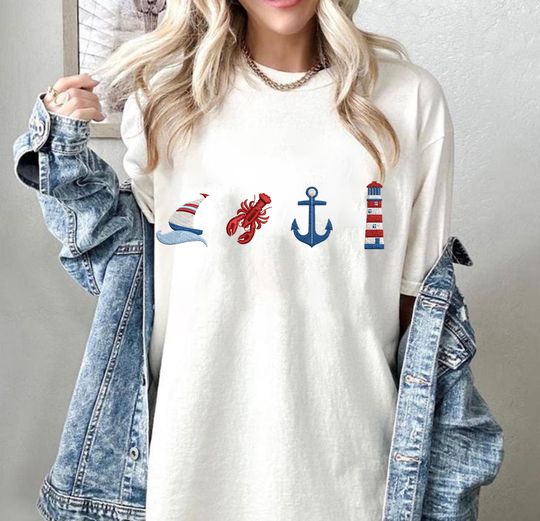 Coastal Embroidered T-Shirt, Nautical Summer Tee, Patriotic 4th of July Shirt, Independence Day Tee