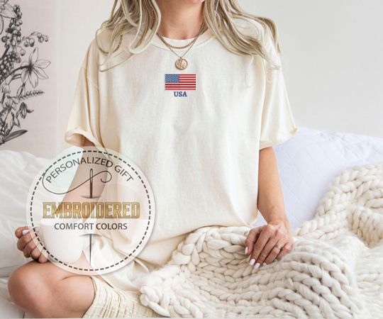 Embroidered America T-Shirt, 4th of July Tee, Red White Blue, Memorial Day, Independence Day