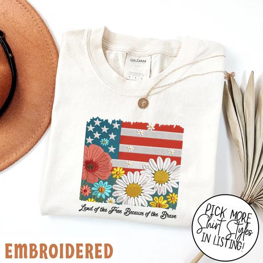 Embroidered 4th of July T-Shirt, Floral American Flag Tee, Patriotic USA Shirt