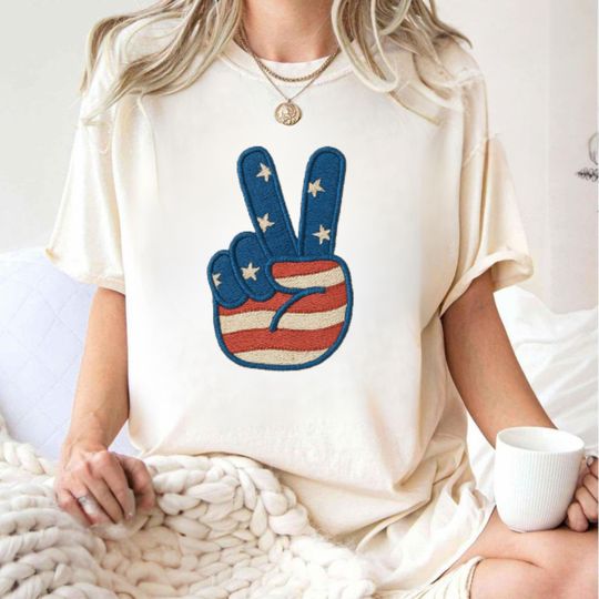 Retro America Embroidered T-Shirt, 4th of July Women's Tee, Patriotic Shirt