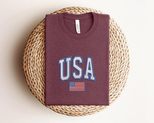 Embroidered USA Flag T-Shirt, 4th of July Independence Day Shirt, Patriotic Freedom Tee