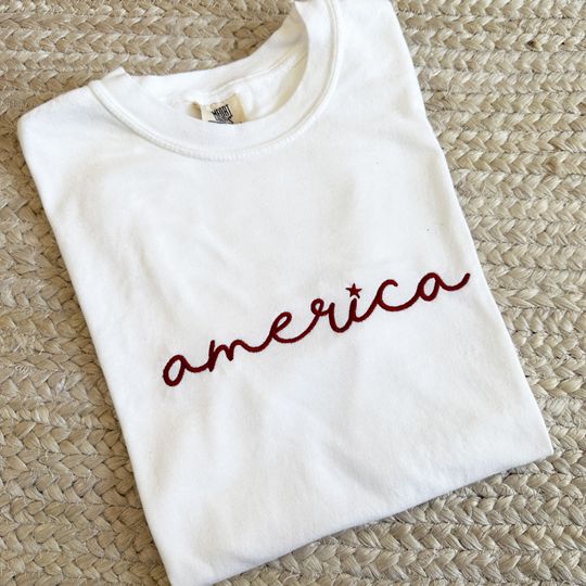 America Script Embroidered T-Shirt  4th of July Patriotic Tee