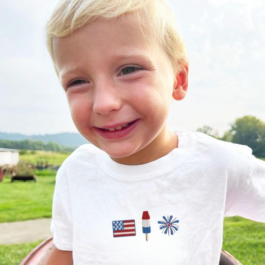 Kids 4th of July Embroidered T-Shirt | Patriotic Americana Tee | USA Independence Day Shirt