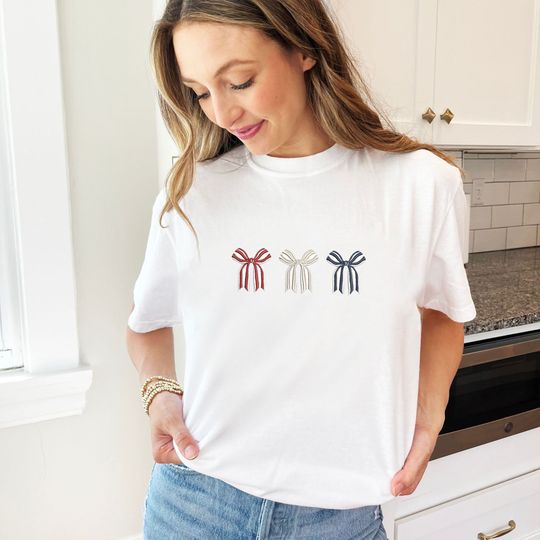 Red, White & Blue Embroidered Bows T-Shirt | 4th of July Tee | Patriotic Top