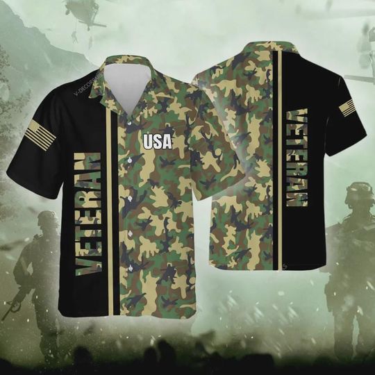 USA Veteran Camo Hawaiian, Patriotic Military Hawaiian Shirt for Men, American Military Pride Shirts, Independence Day Gifts, Army Veteran